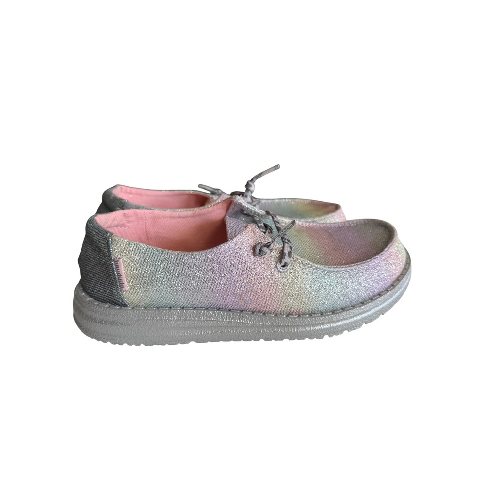 Hey Dude Wendy Youth Size 3 Sunset Rainbow Glitter Leopard Laces Loafers Sparkle